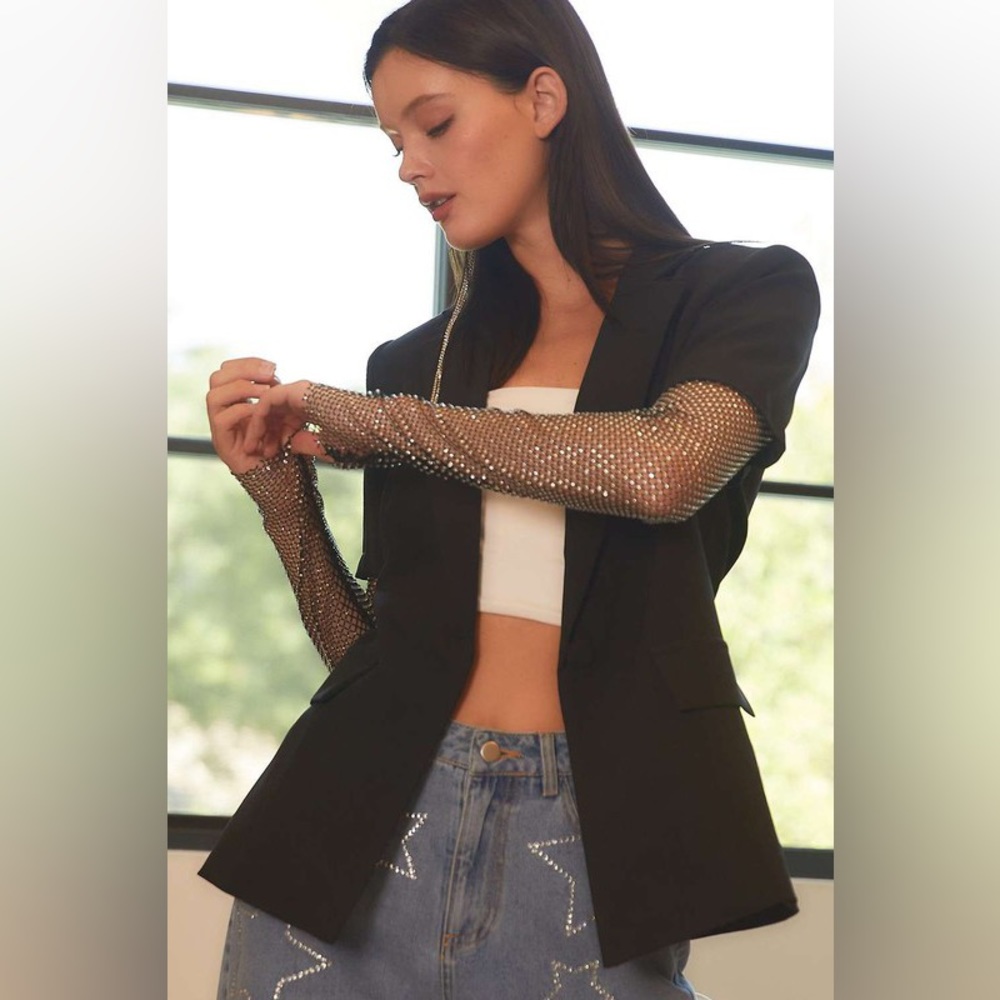 This Is How We Do It Black Rhinestone Mesh Sleeve Blazer - Picture 9 of 9